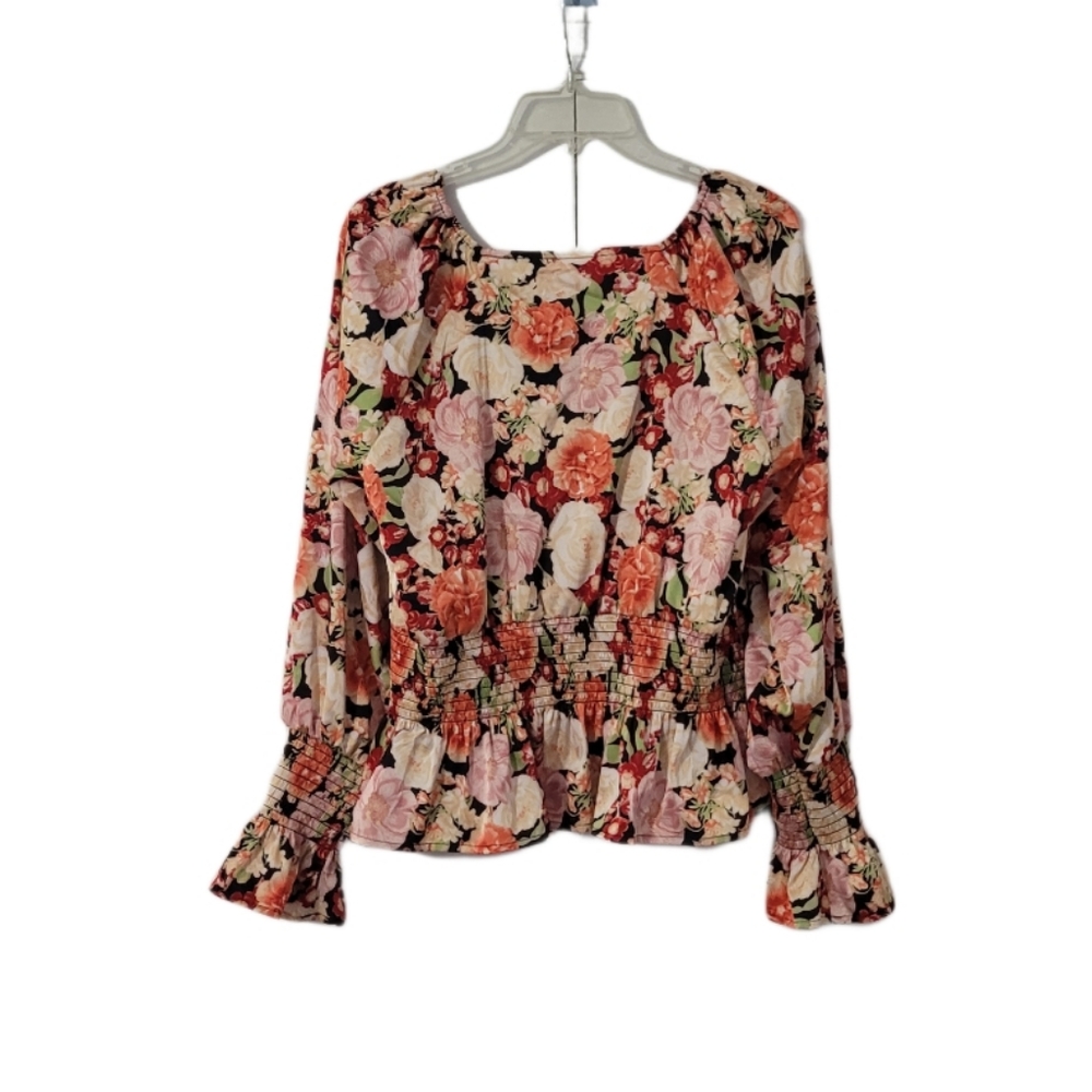 INC Emma Garden Women's L Smocked Ruffle Long Sleeve Peplum Top Multicolor - Picture 4 of 12